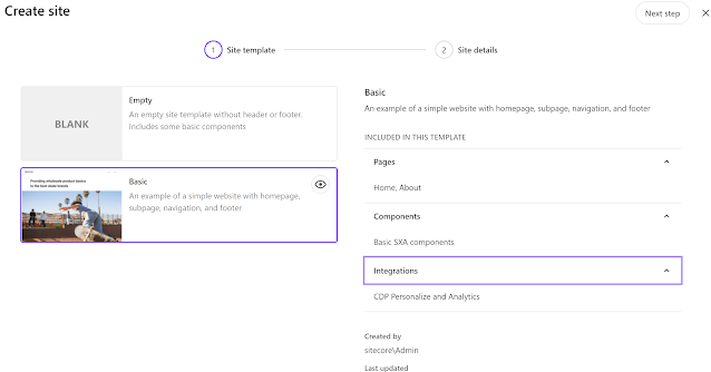Site template selection screen in XM Cloud