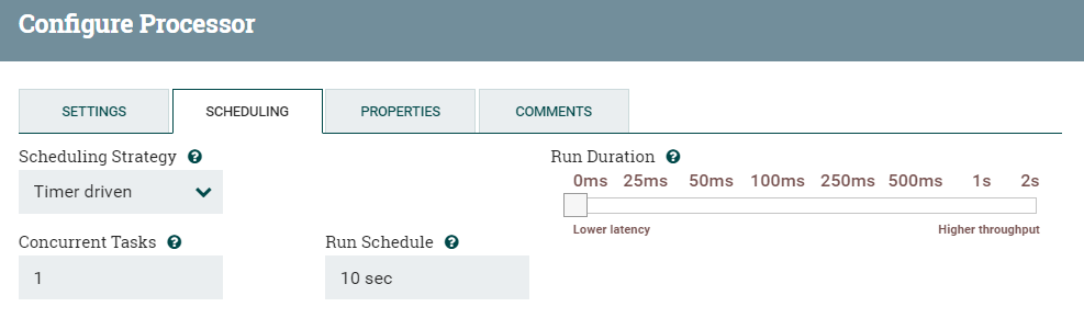 NiFi processor scheduling settings