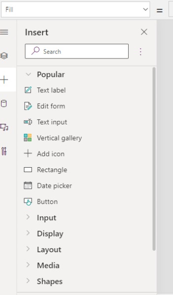 Power Apps Insert menu