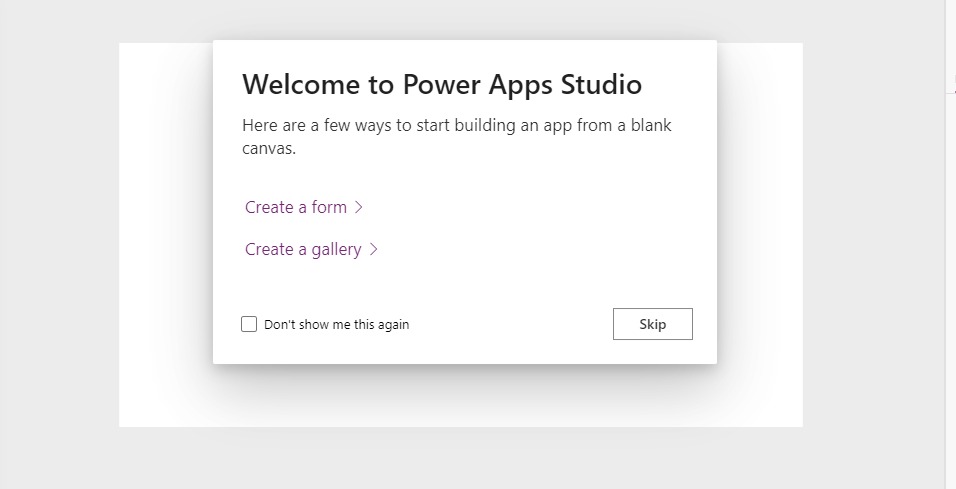 Power Apps Studio welcome screen