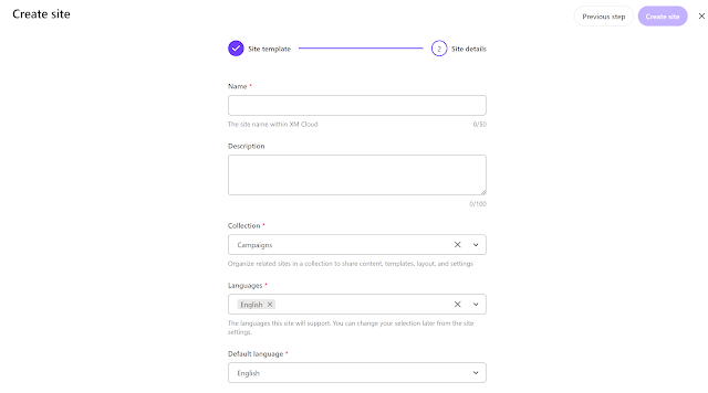 XM Cloud site creation form