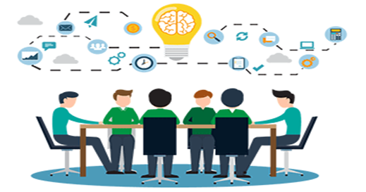 Team brainstorming with digital icons