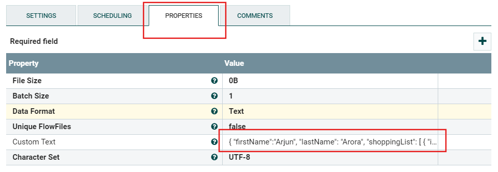 NiFi processor custom text settings