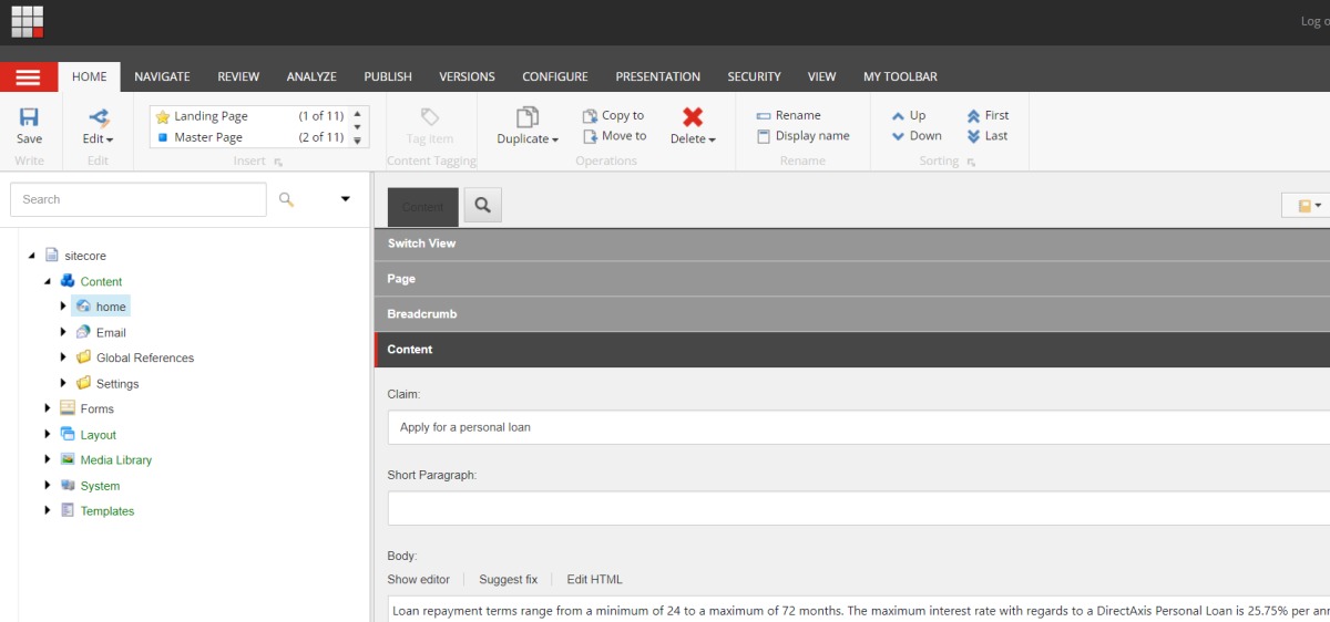 Sitecore content editing interface