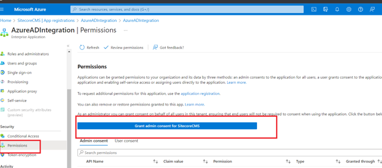 Admin consent for SitecoreCMS