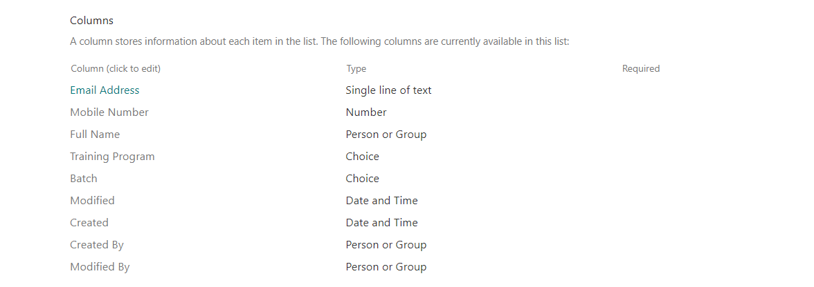 Columns and their types