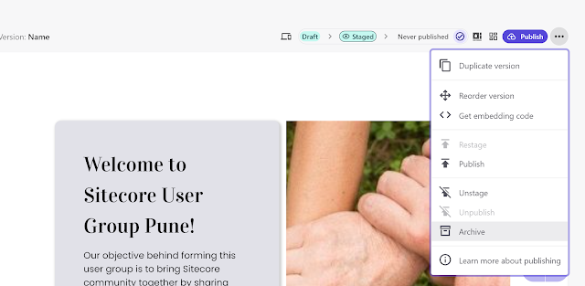 Sitecore Pune page with publish options