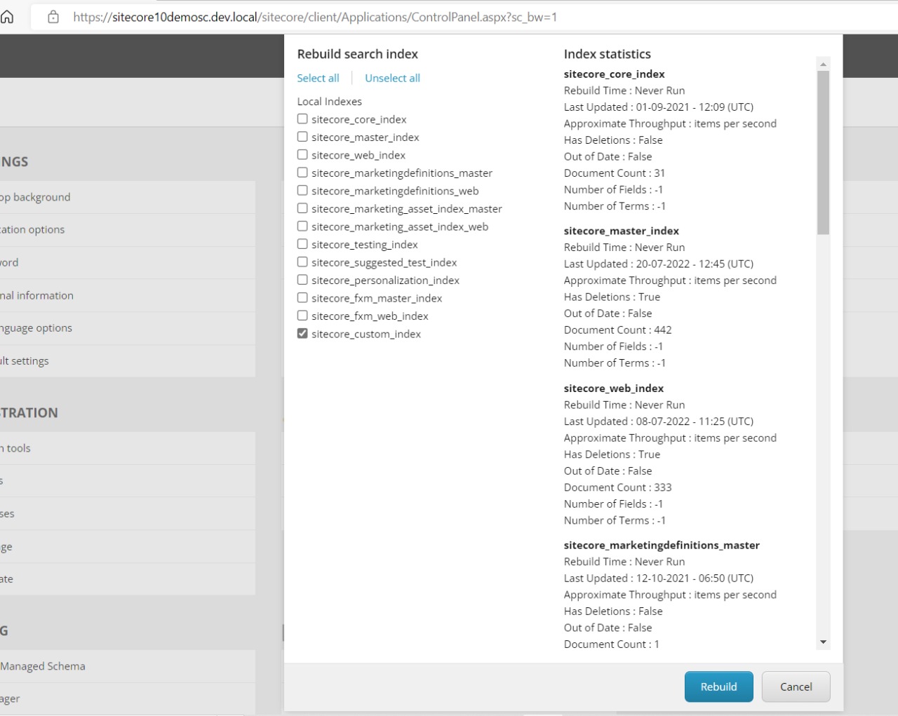 Rebuild index settings in Sitecore