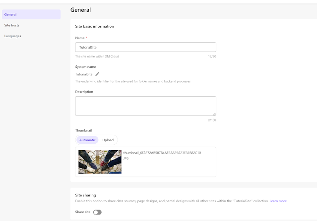 XM Cloud site settings for 