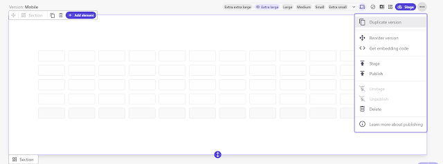 Mobile grid layout with options to manage versions