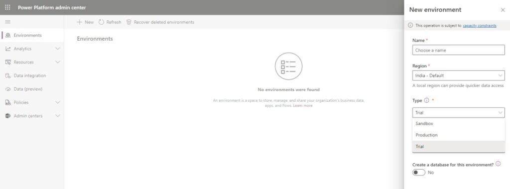 Power Platform – New environment