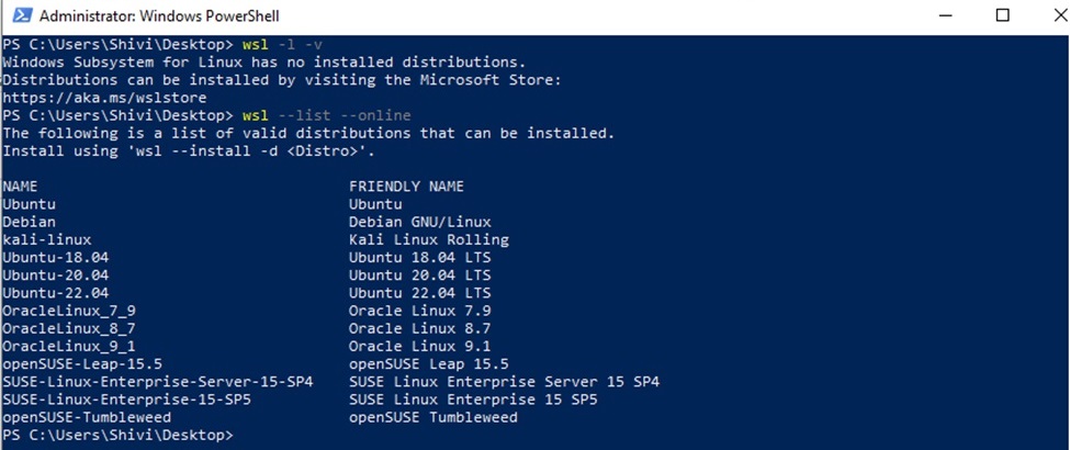 wsl distribution list command