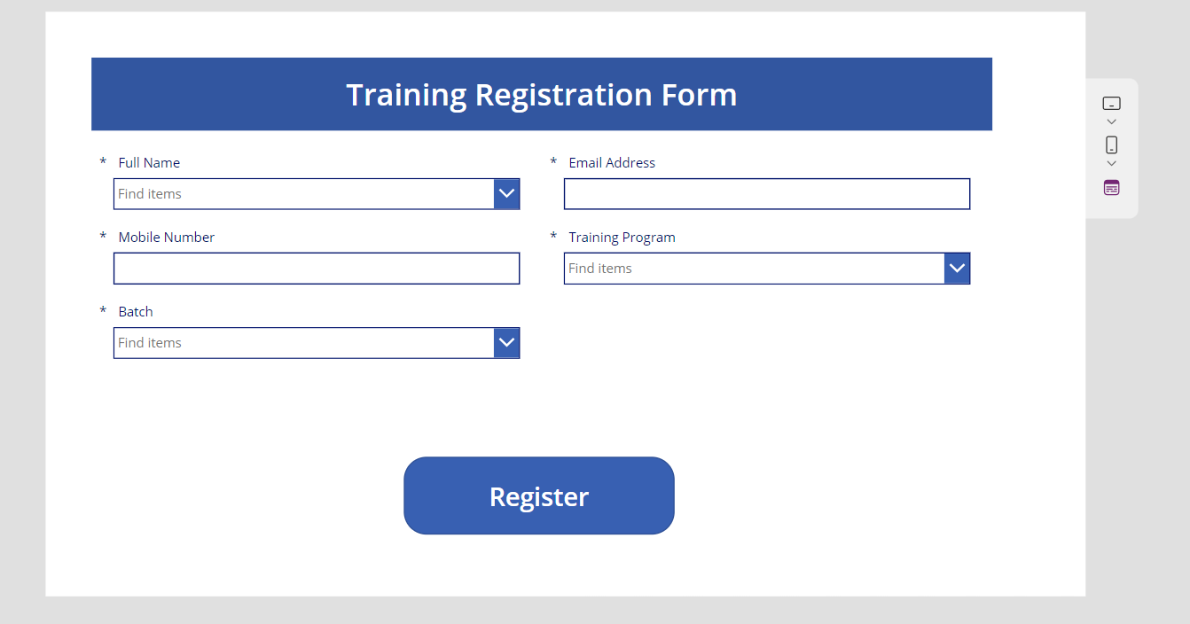 Training form with name, mobile, and program fields