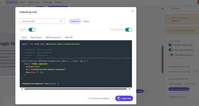 Code embedding interface with React snippet
