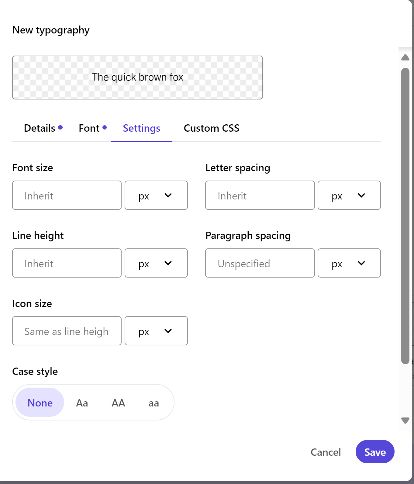 Typography settings interface