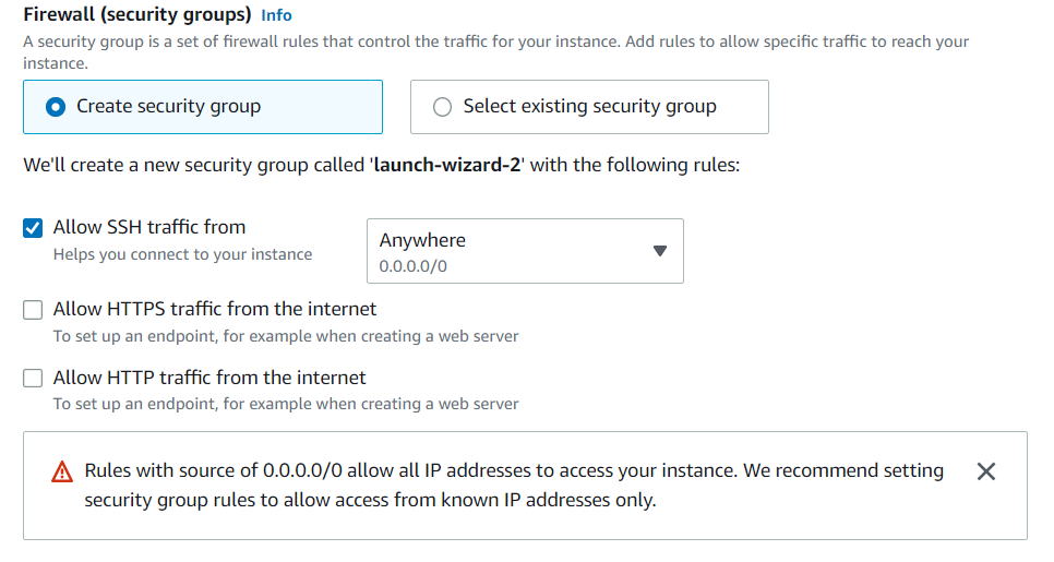 Firewall: SSH allowed, open access caution