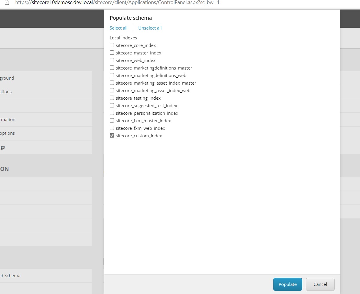 Schema population options in Sitecore control panel