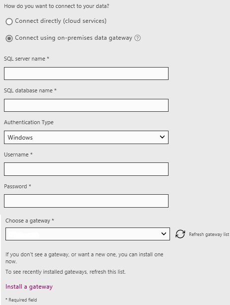 SQL connection setup form