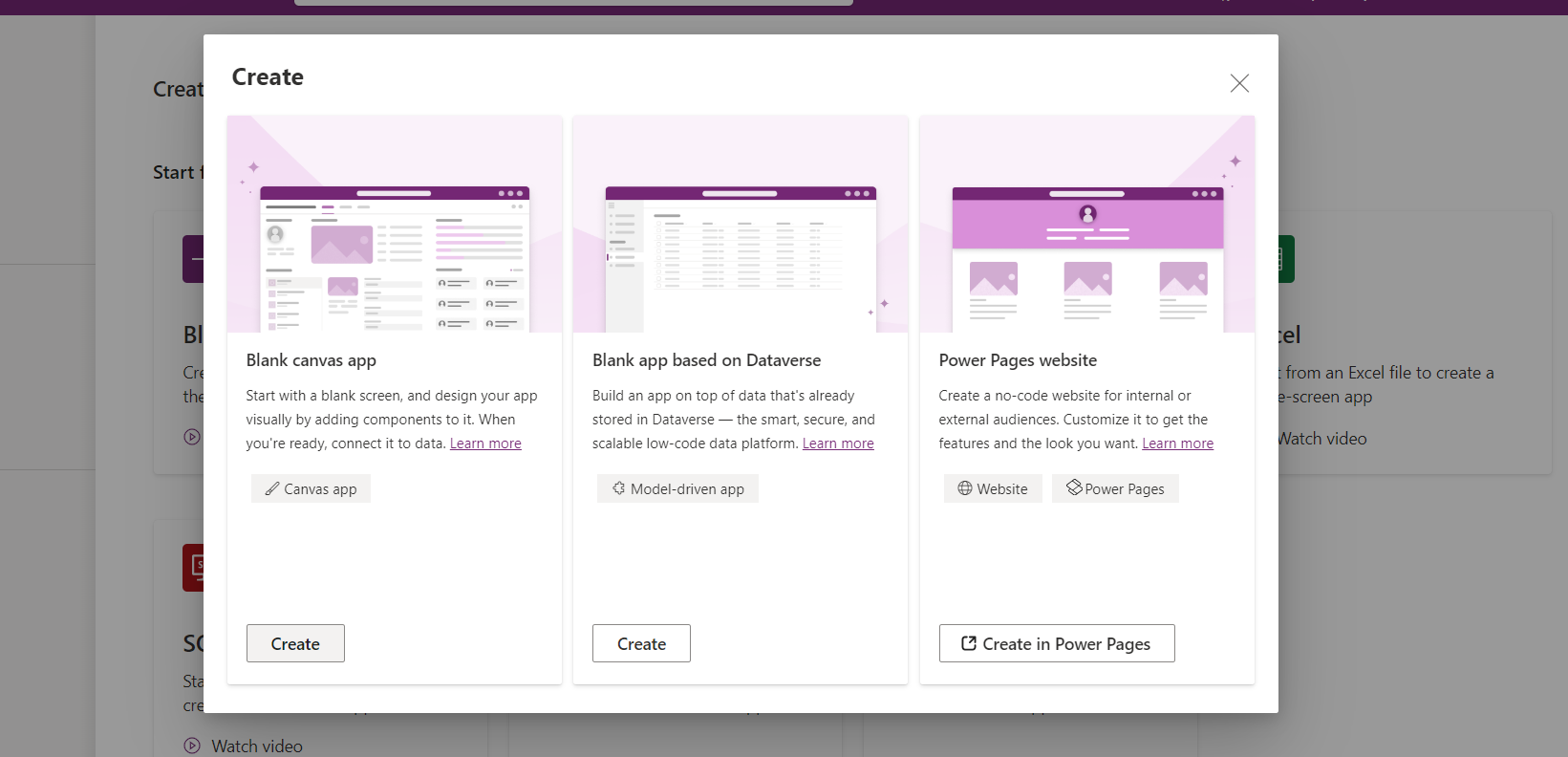 Create new app options in Power Apps