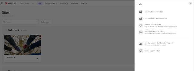 XM Cloud Sites dashboard with help options