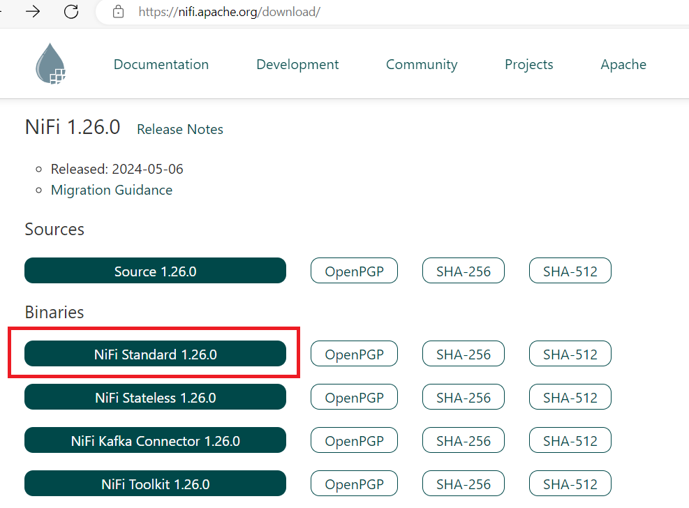 NiFi 1.26.0 download page