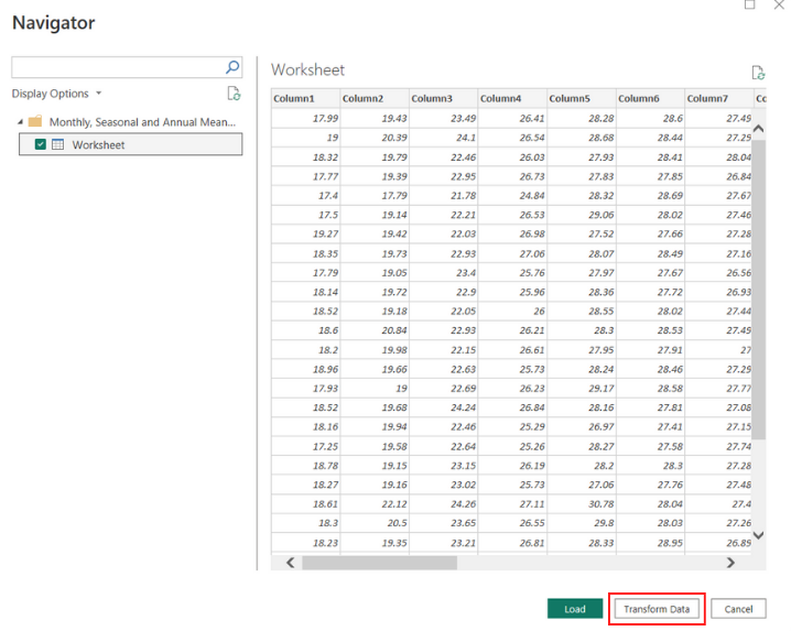 Power BI Navigator with load or transform options