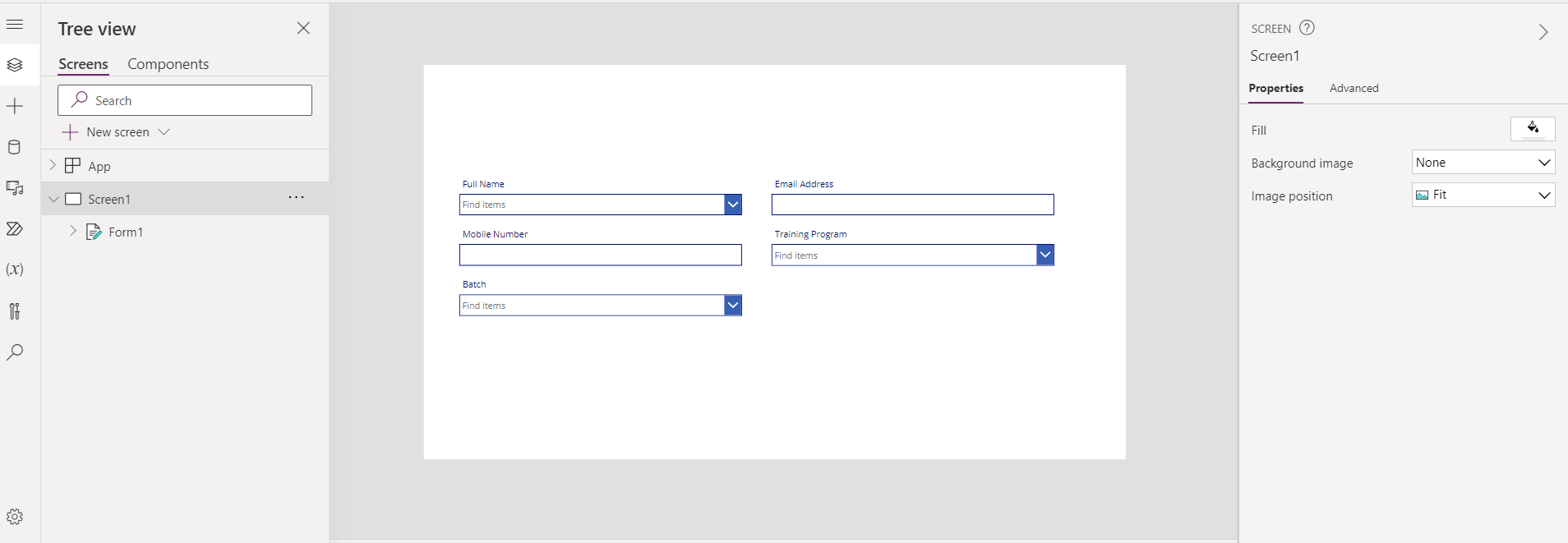PowerApps form setup screen