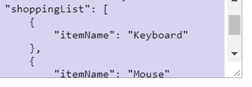 JSON snippet showing shopping list