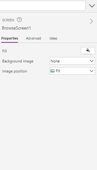 Properties panel for screen configuration options