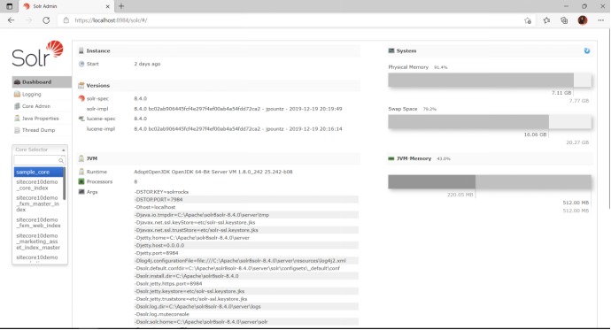 Solr admin dashboard view