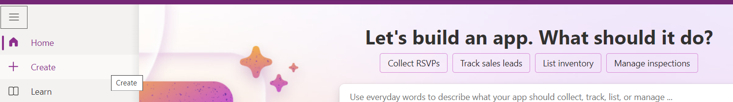 PowerApps interface with app options