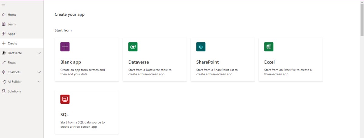 App creation options screen
