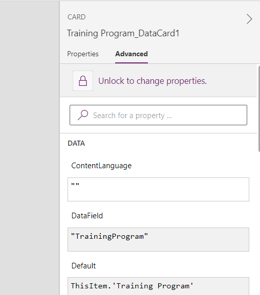 PowerApps data card properties