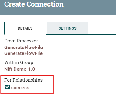 NiFi Create Connection screen