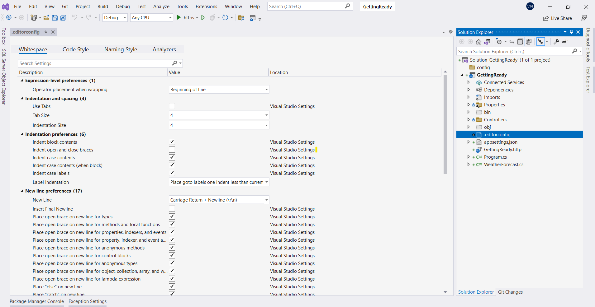 Visual Studio code settings for indentation