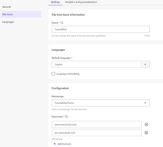 Site host and homepage settings