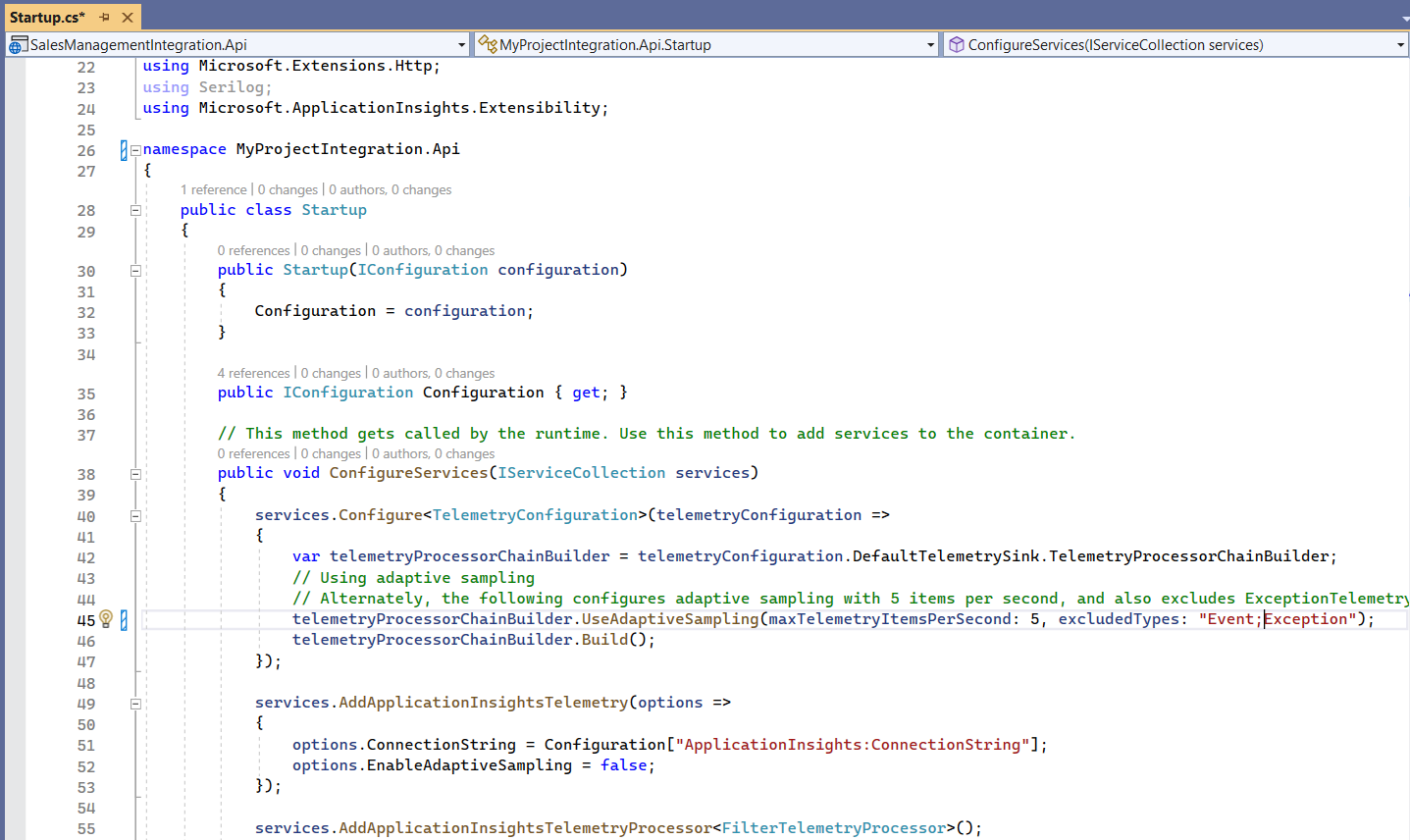 Code snippet for telemetry configuration