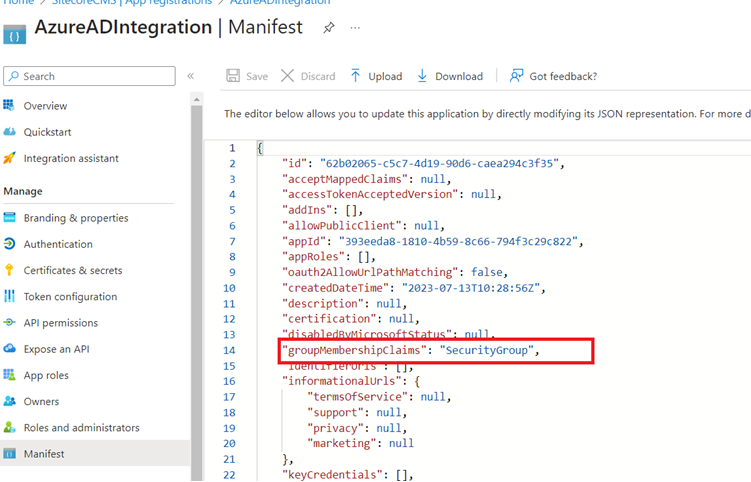 Azure AD manifest with group claims
