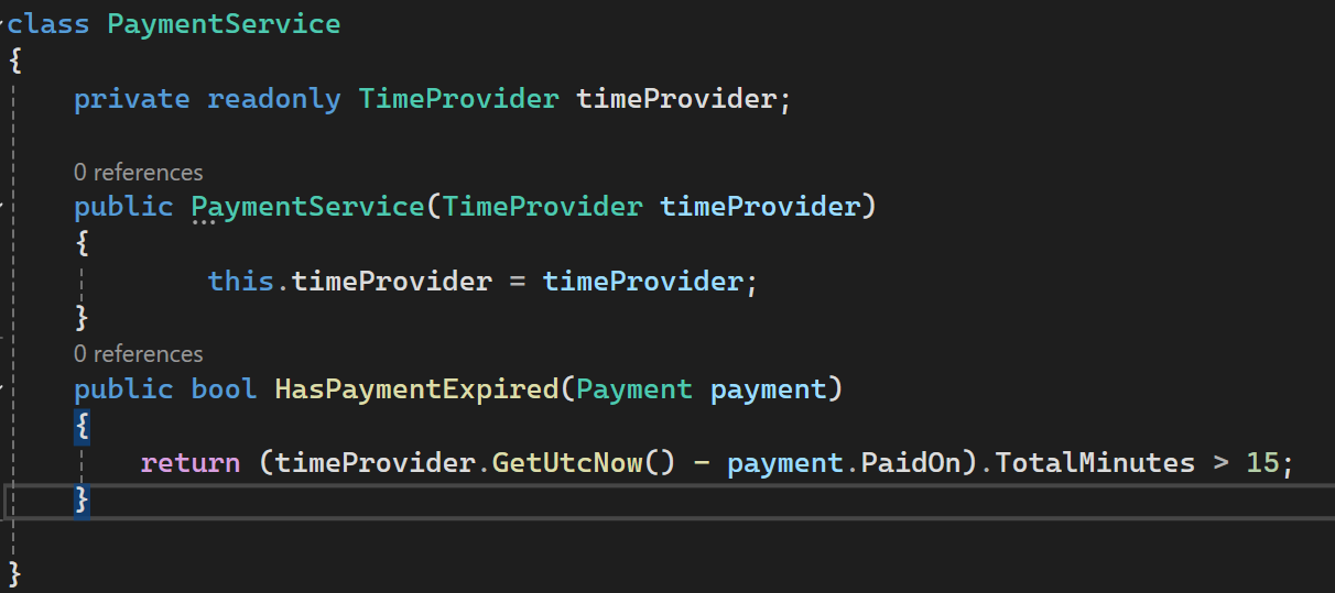 C# checks payment expiry via TimeProvider