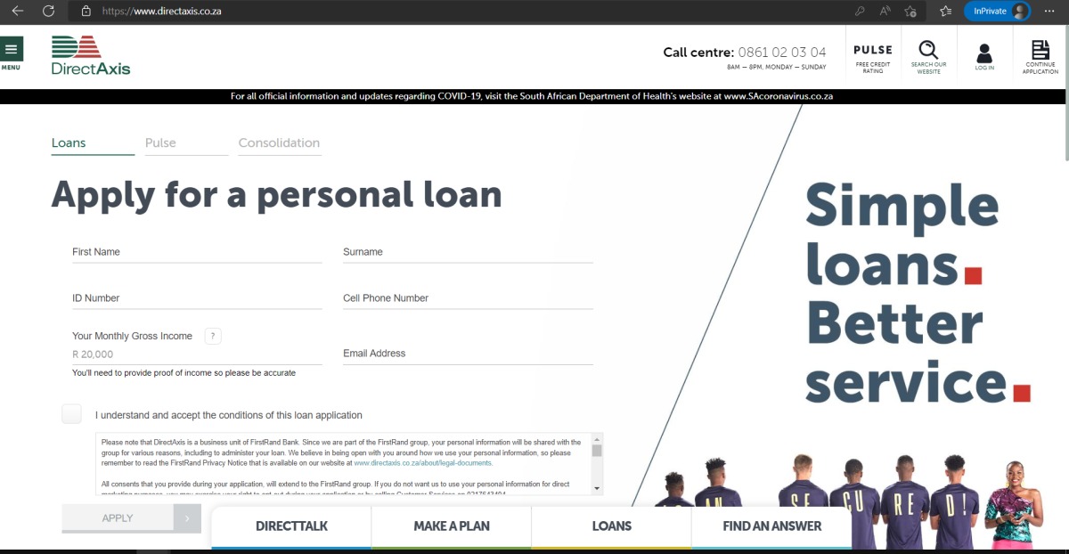 Loan application webpage