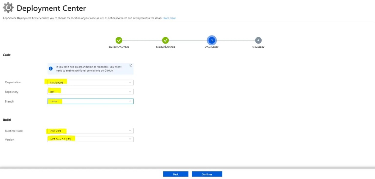 Azure Deployment Center configuration