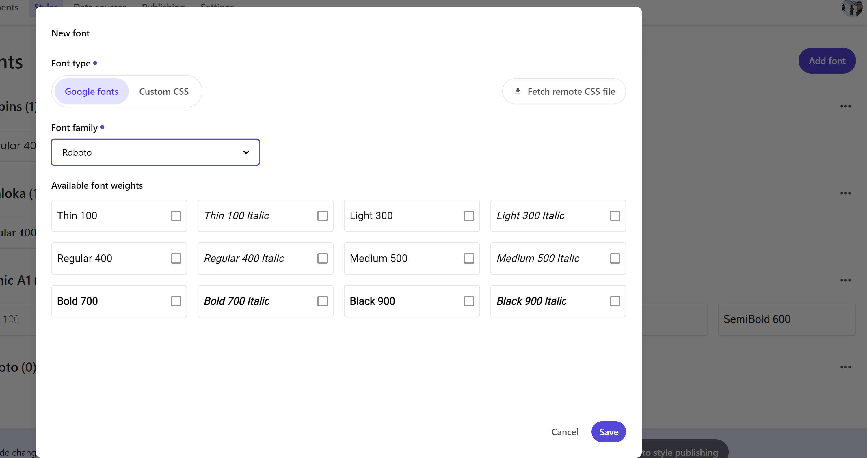 Font selection settings