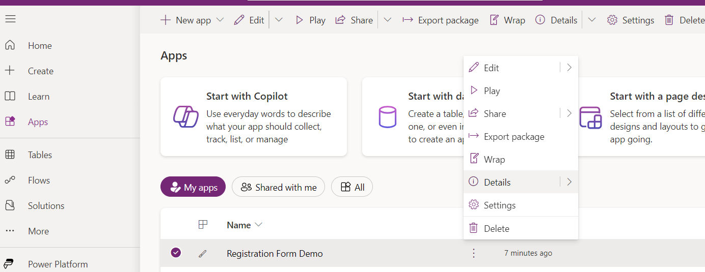 PowerApps dashboard with app options