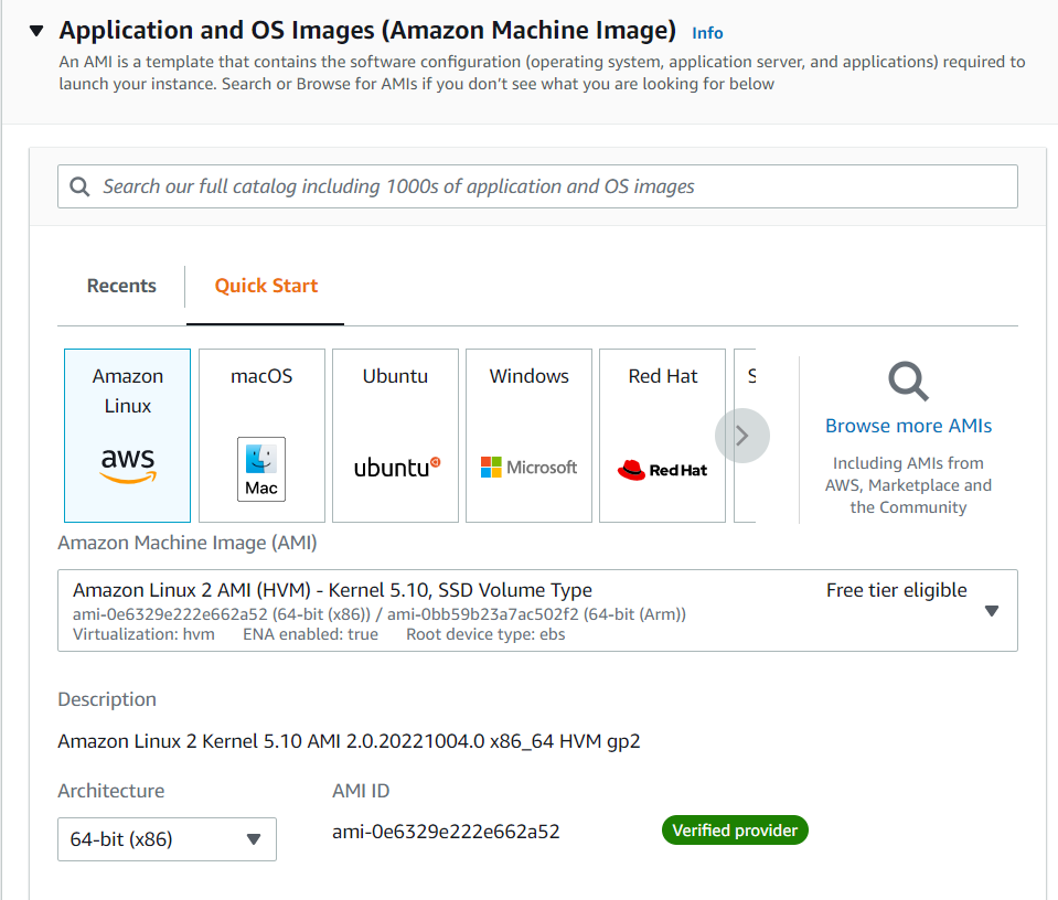 AWS AMI page with Amazon Linux 2 option