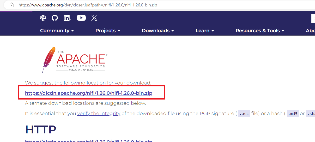 NiFi download link for version 1.26.0