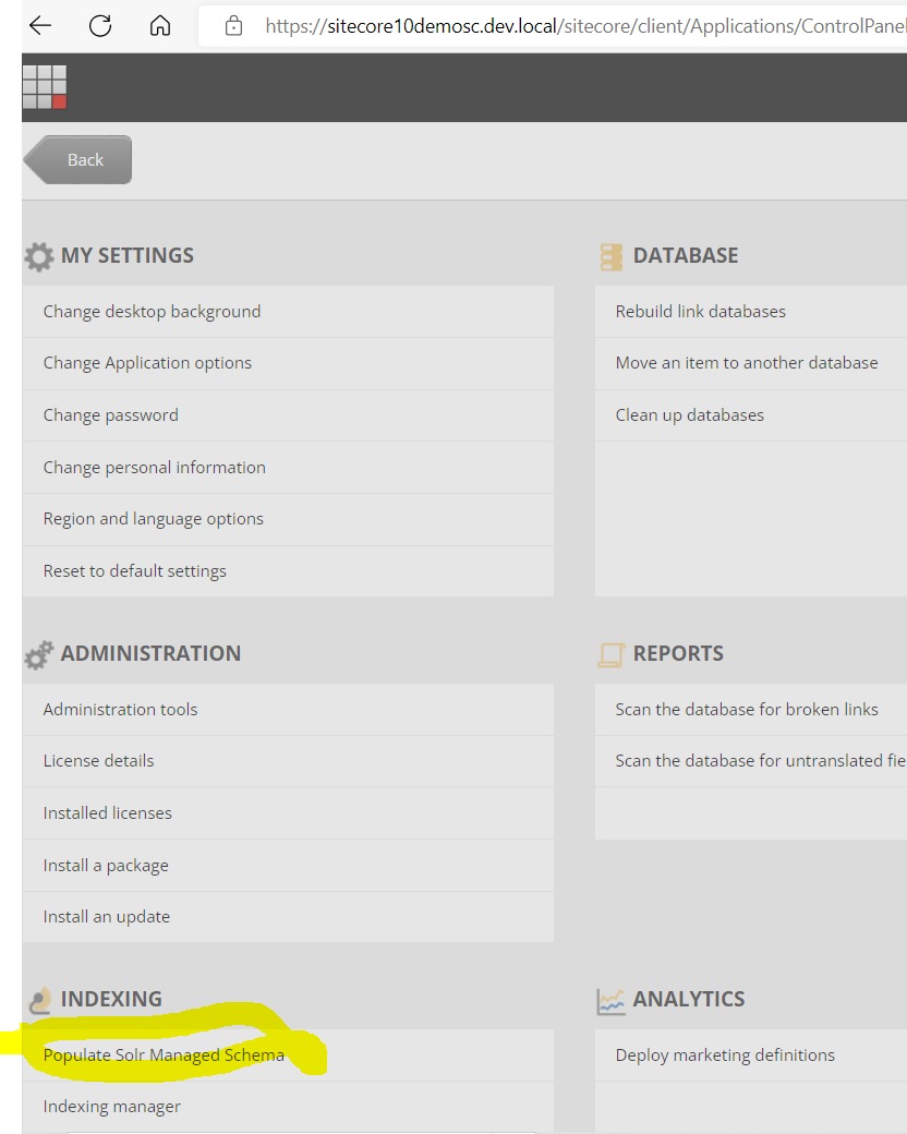 Sitecore control panel with Solr schema highlighted