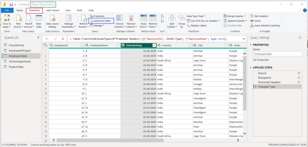 Power Query Editor displaying employee data