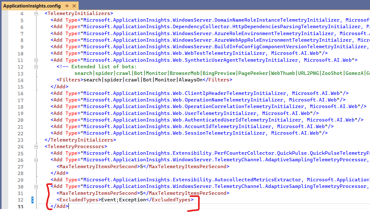 ApplicationInsights.config file snippet