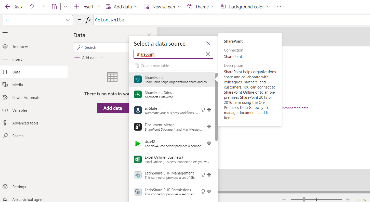 Selecting a data source in PowerApps