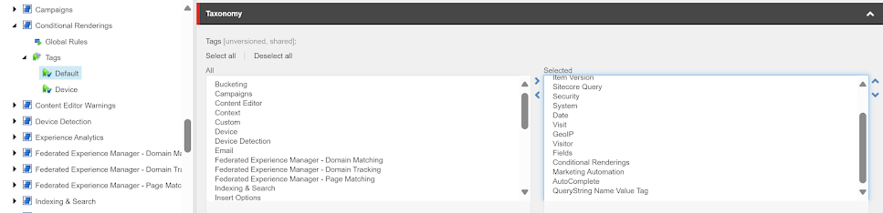 Sitecore taxonomy showing selected tags